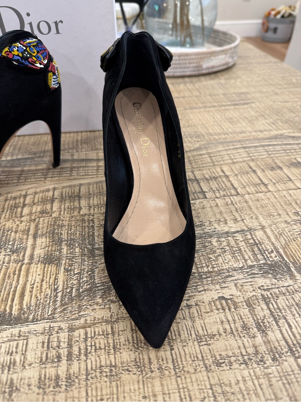 Dior Black Suede Pointed Pumps with Multicolor Embellished Heel Accent - Picture 2 of 15
